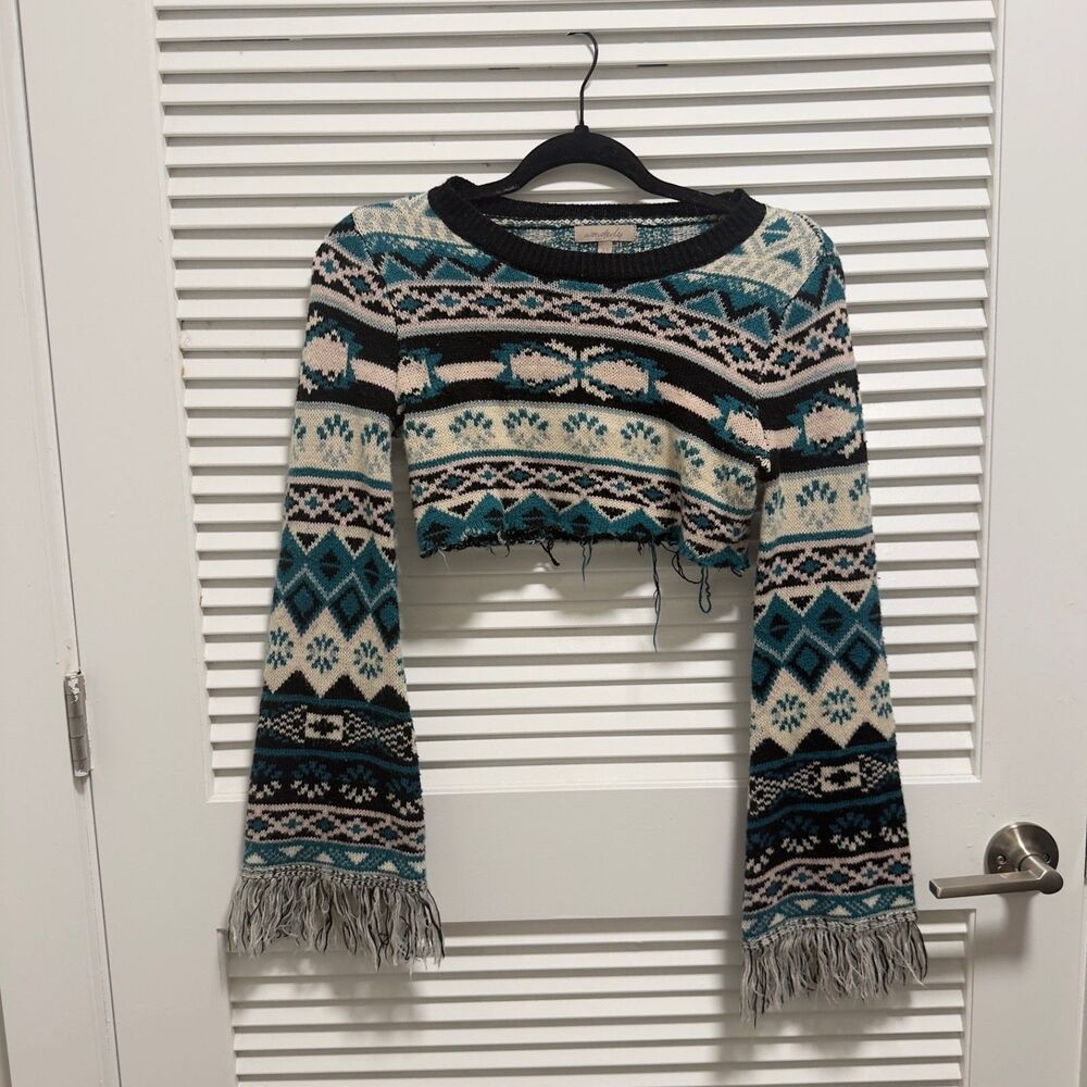 Whimsigoth Teal Wonderly Cropped Fair Isle Bell Sleeve Sweater